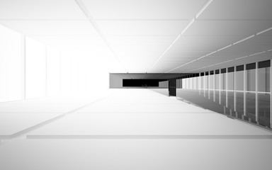 Abstract white and black interior multilevel public space with window. 3D illustration and rendering.