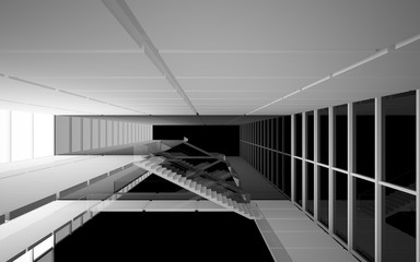 Obraz premium Abstract white and black interior multilevel public space with window. 3D illustration and rendering.
