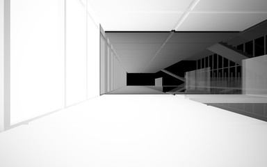 Abstract white and black interior multilevel public space with window. 3D illustration and rendering.