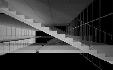 Abstract white and black interior multilevel public space with window. 3D illustration and rendering.