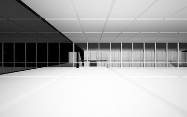 Abstract white and black interior multilevel public space with window. 3D illustration and rendering.