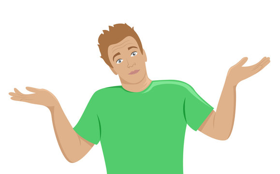 The surprised young man shrugs. Flat isolated illustration.