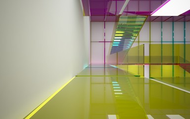 Obraz premium Abstract white and colored gradient glasses interior multilevel public space with window. 3D illustration and rendering.
