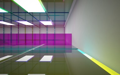 Abstract white and colored gradient glasses interior multilevel public space with window. 3D illustration and rendering.