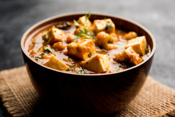 Chole Paneer curry made using boiled chickpea with cottage cheese with spices. Popular North Indian recipe. served in a bowl or serving pan. Selective focus