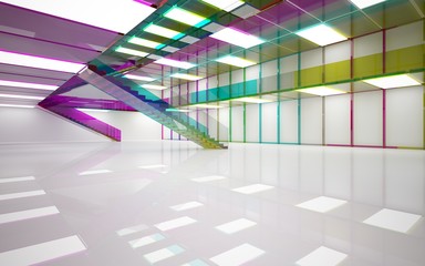 Abstract white and colored gradient glasses interior multilevel public space with window. 3D illustration and rendering.