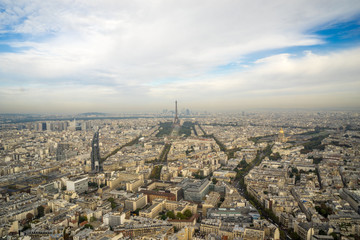 aerial view of the Eiffel Tower and surrounding city of Paris
