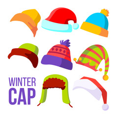 Winter Cap Set Vector. Cold Weather Headwear. Hats, Caps. Apparel Clothes For Autumn. Isolated Cartoon Illustration