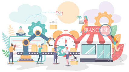 Vector illustration, Business industry production line and franchise with workers, Automation and boxs on line production with workers connection.