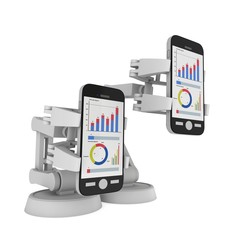 Robotic arm hold smartphone with big data. Manufacture technology industry assembly mechanic hand 3d render illustration isolated on white