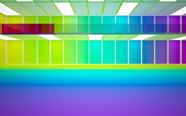 Abstract white and colored gradient glasses interior multilevel public space with window. 3D illustration and rendering.