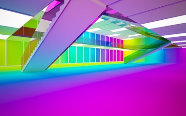 Abstract white and colored gradient glasses interior multilevel public space with window. 3D illustration and rendering.
