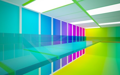 Obraz premium Abstract white and colored gradient glasses interior multilevel public space with window. 3D illustration and rendering.