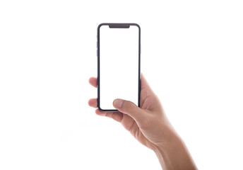 close up hand hold phone isolated on white, mock-up smartphone white color blank screen