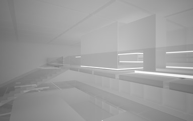 Abstract white interior multilevel public space with neon lighting. 3D illustration and rendering.