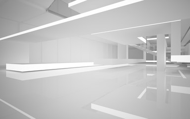 Obraz premium Abstract white interior multilevel public space with neon lighting. 3D illustration and rendering.