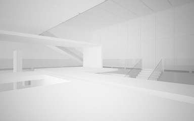 Abstract white interior multilevel public space with window. 3D illustration and rendering.