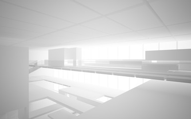 Naklejka na ściany i meble Abstract white interior multilevel public space with window. 3D illustration and rendering.
