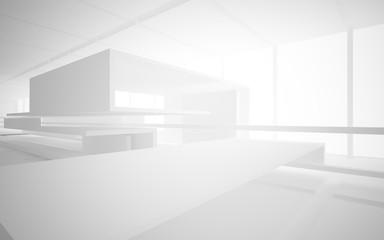 Abstract white interior multilevel public space with window. 3D illustration and rendering.