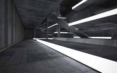 Abstract  concrete interior multilevel public space with neon lighting. 3D illustration and rendering.