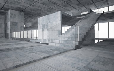 Abstract  concrete interior multilevel public space with window. 3D illustration and rendering.