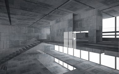 Abstract  concrete interior multilevel public space with window. 3D illustration and rendering.