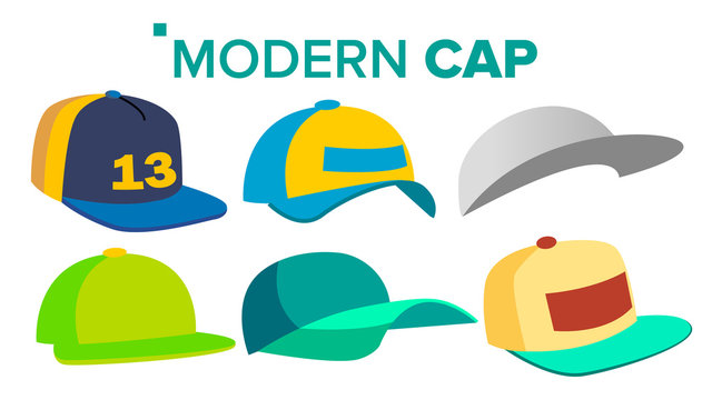 Summer Cap Set Vector. Man, Woman Headwear. Sport Uniform. For Children And Adult. Isolated Cartoon Illustration