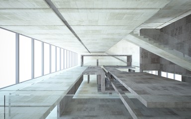 Abstract  concrete interior multilevel public space with window. 3D illustration and rendering.