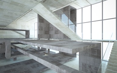 Abstract  concrete interior multilevel public space with window. 3D illustration and rendering.
