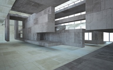 Abstract  concrete interior multilevel public space with window. 3D illustration and rendering.