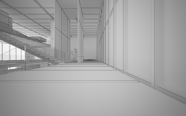 Abstract drawing white interior multilevel public space with window. 3D illustration and rendering.