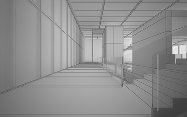 Abstract drawing white interior multilevel public space with window. 3D illustration and rendering.