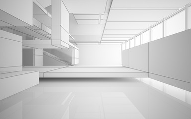 Fototapeta premium Abstract drawing white interior multilevel public space with window. 3D illustration and rendering.