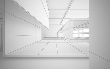 Abstract drawing white interior multilevel public space with window. 3D illustration and rendering.