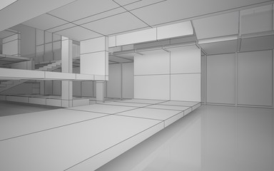 Abstract drawing white interior multilevel public space with window. 3D illustration and rendering.