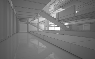 Abstract drawing white interior multilevel public space with window. 3D illustration and rendering.