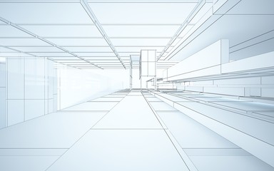 Abstract drawing white interior multilevel public space with window. 3D illustration and rendering.