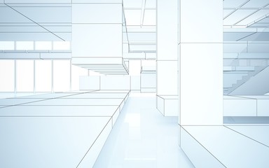 Fototapeta premium Streszczenie rysunek białe wnętrze wielopoziomowej przestrzeni publicznej z oknem. Ilustracja i renderowanie 3D.