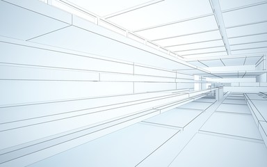 Abstract drawing white interior multilevel public space with window. 3D illustration and rendering.