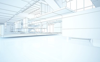 Abstract drawing white interior multilevel public space with window. 3D illustration and rendering.