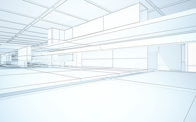 Abstract drawing white interior multilevel public space with window. 3D illustration and rendering.