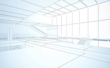 Abstract drawing white interior multilevel public space with window. 3D illustration and rendering.