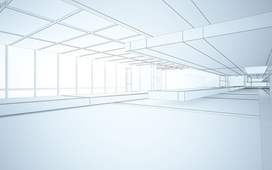 Abstract drawing white interior multilevel public space with window. 3D illustration and rendering.