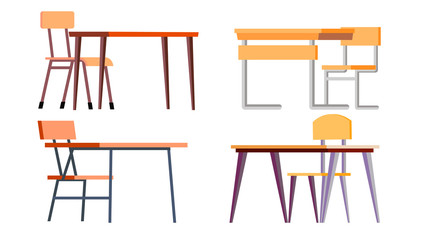 Fototapeta premium School Desk Set Vector. Chipboard, Chir. Classic Empty Wooden And Metal Furniture. Isolated Cartoon Illustration