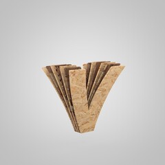 3D wooden letter V lowercase. 3D rendering chipboard font. Cutaway plywood alphabet