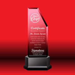 Crystal trophy certificate design template on red background.