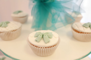Beautiful delicious cupcakes on a festive table. The candy bar. Mafins. Wedding reception. Buffet. Various gourmet cupcakes on display tray. Close-up
