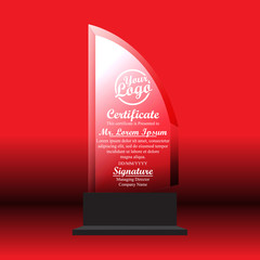 Crystal trophy certificate design template on red background.