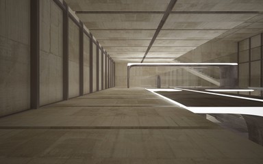 Empty dark abstract concrete room smooth interior. Architectural background. Night view of the illuminated. 3D illustration and rendering