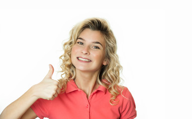 Young beautiful girl shows gesture of palming super cool and quiet on an isolated background.